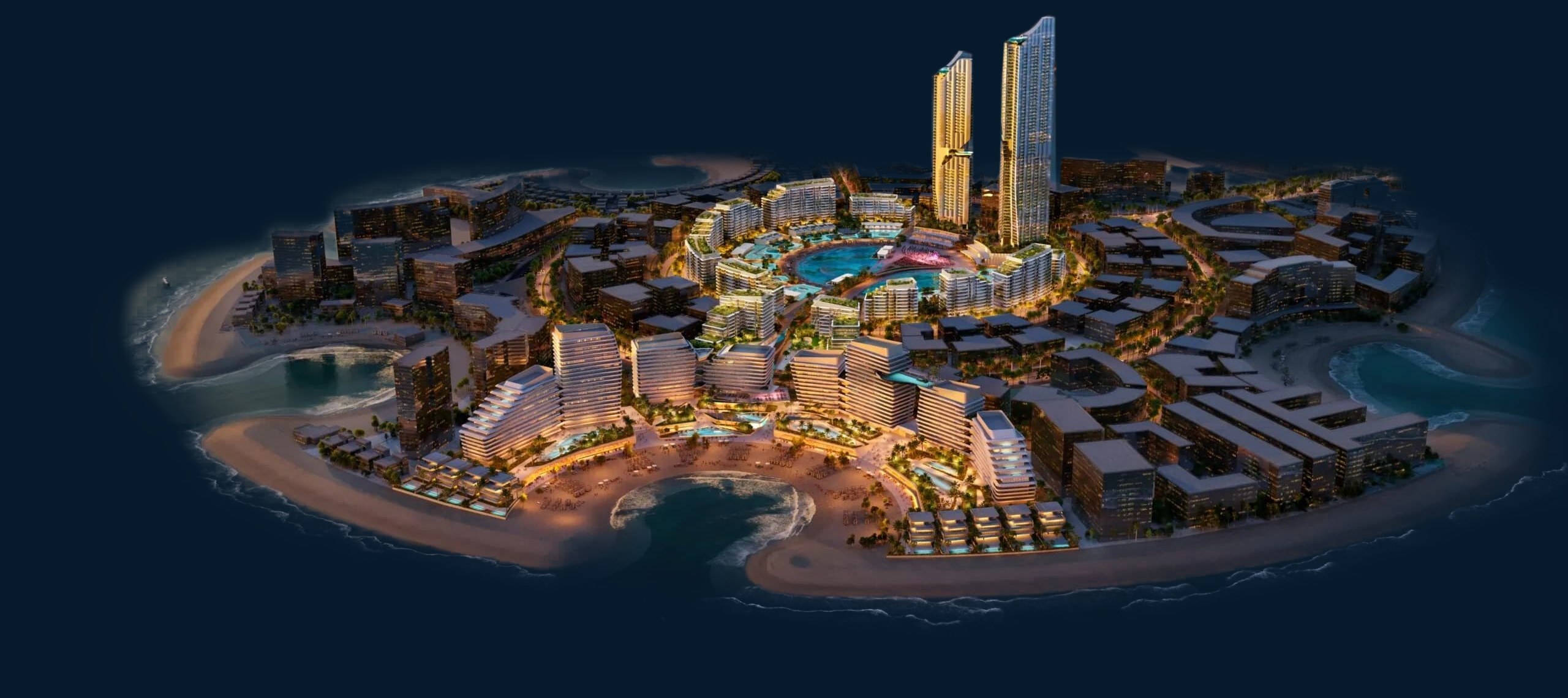 Al Marjan Island at dusk, render
