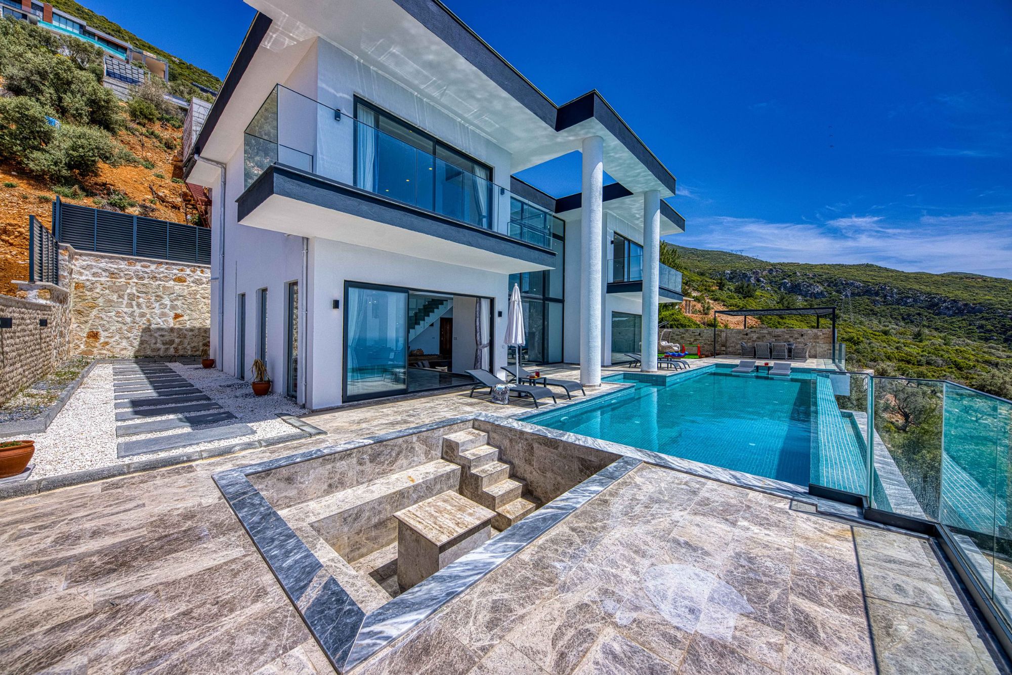 A modern villa with an infinity pool